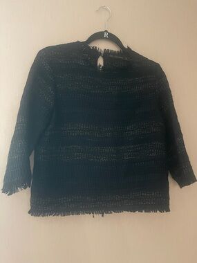 Zara basic medium tweed woven knit Black Textured Fringe Hem Top black blue